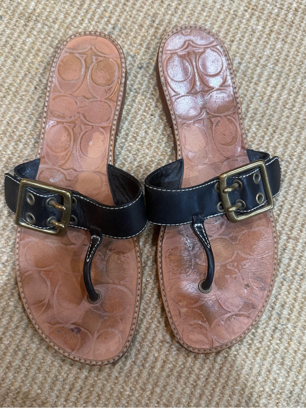 Coach Black Leather Buckle Thong Sandals